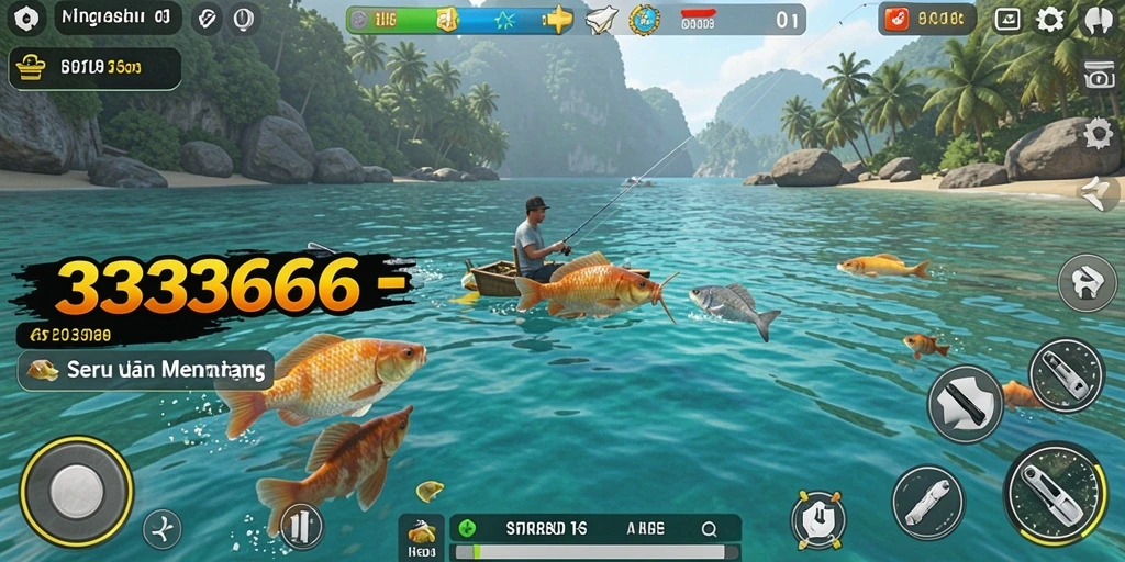 Screenshot menampilkan gameplay memancing yang seru dan mendebarkan dalam 333666.