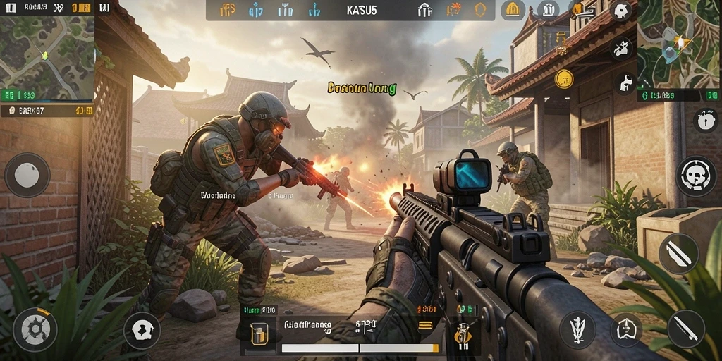 Screenshot KATSU5 menampilkan aksi menegangkan dalam pertempuran FPS.